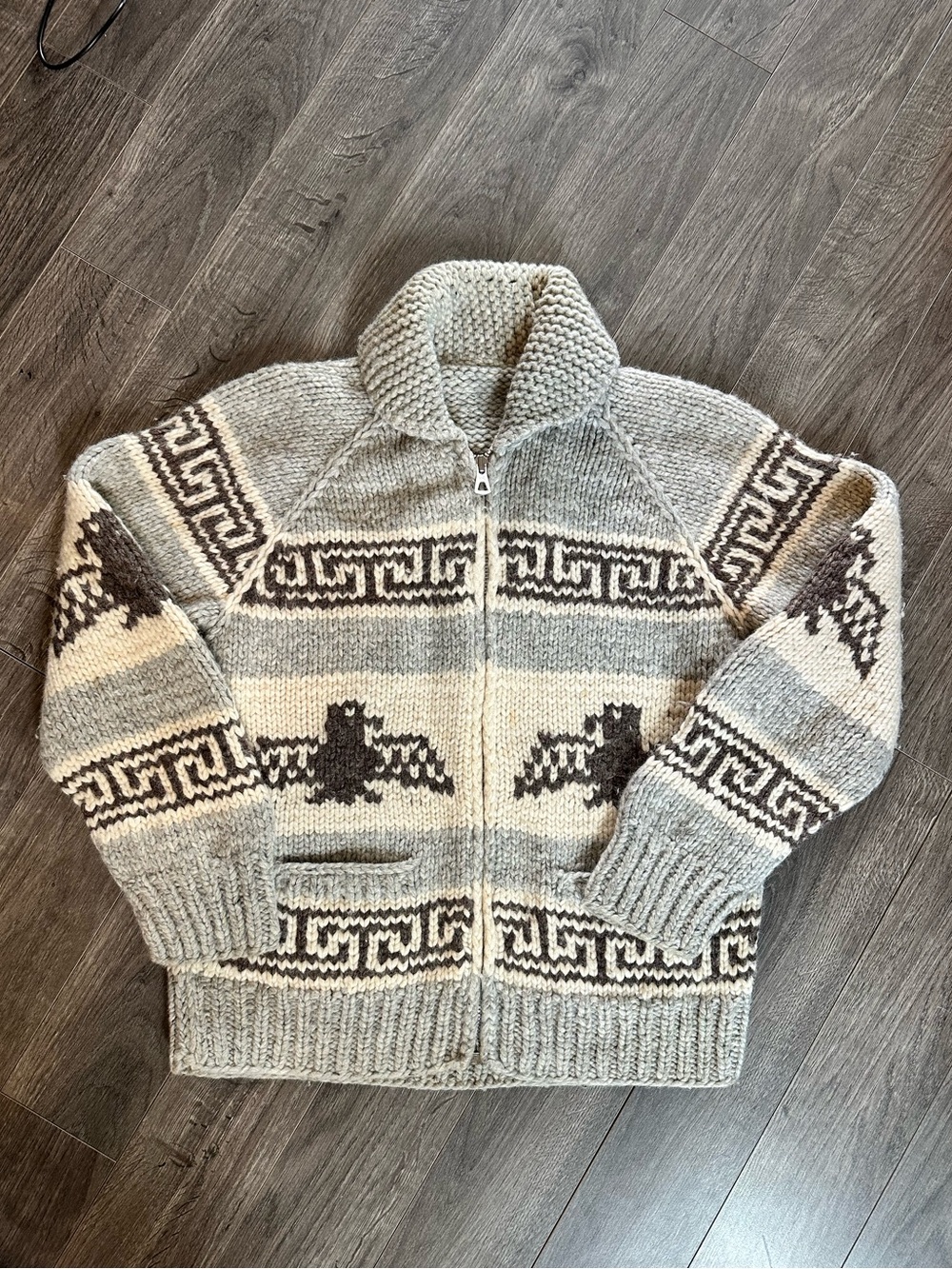 Vintage Hand Knit Cowichan Style Eagle Sweater Jacket